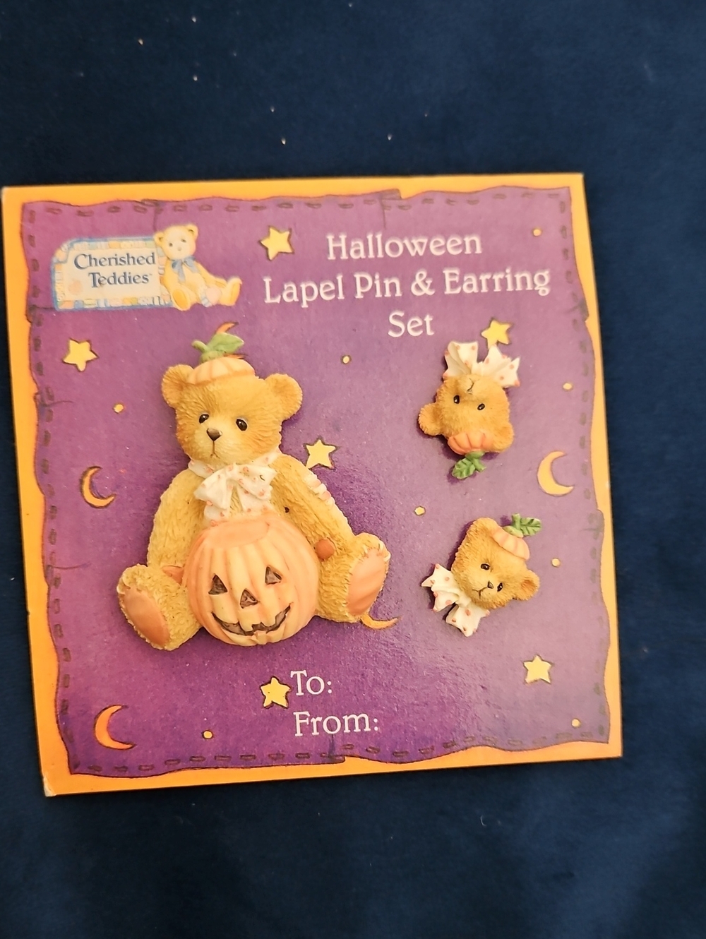 Cherished Teddies Halloween Bear Lapel Pin & Earring Set - Orange & Purple